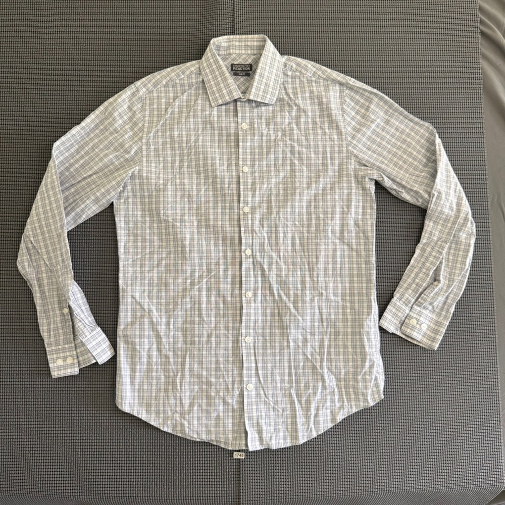 Kenneth Cole Reaction Mens Slim Fit Dress Shirt 15.5 34-35 Blue White Plaid